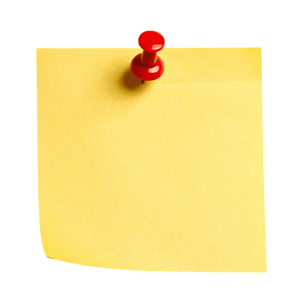 Red pushpin securing blank yellow sticky note against white background